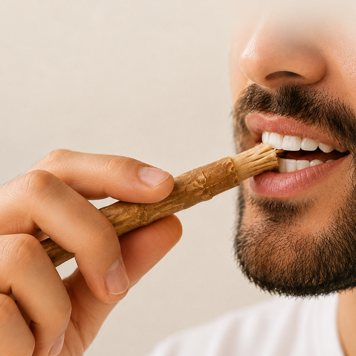 Brushing the teeth with the opened Siwak fibres