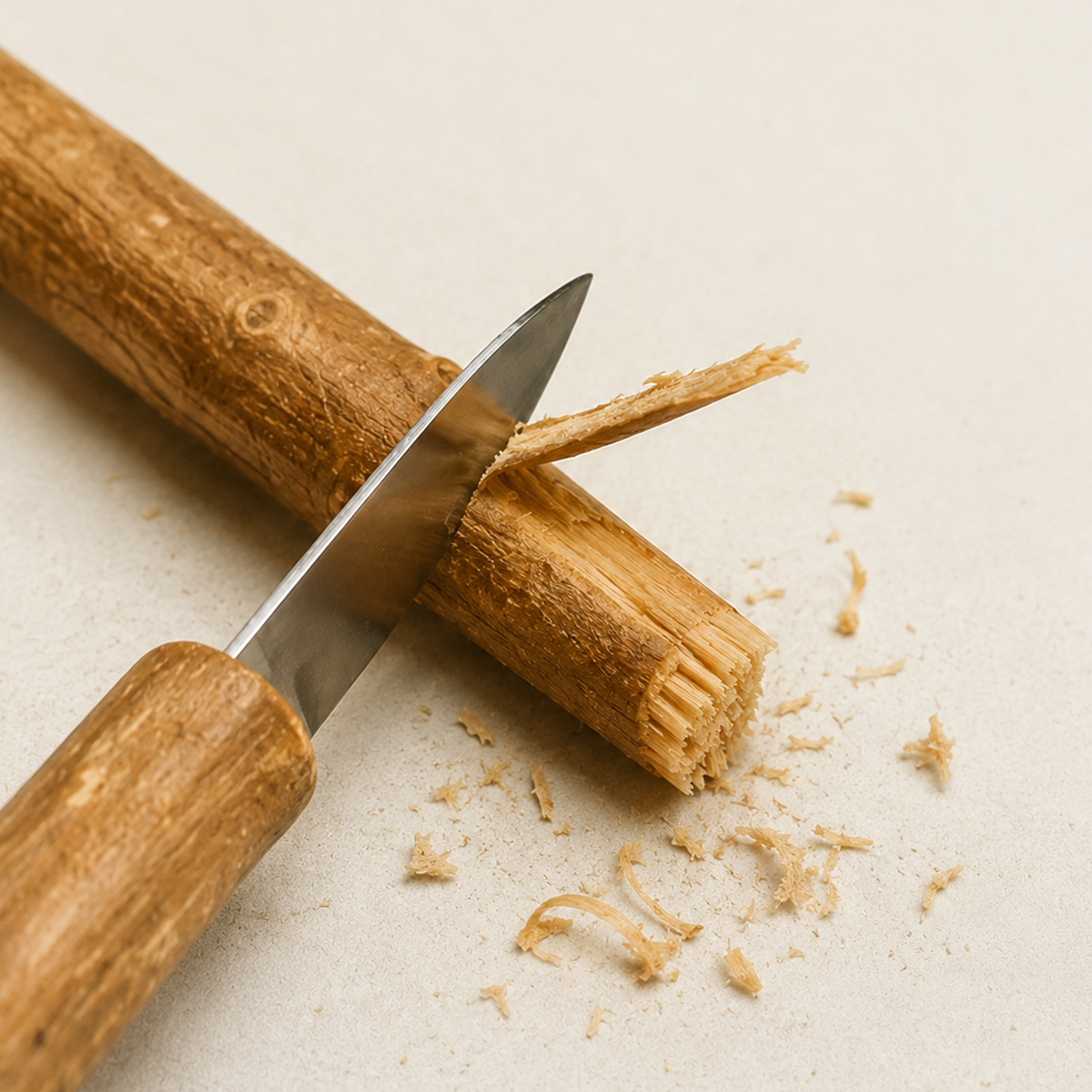 Peeling the bark from the end of a Siwak stick