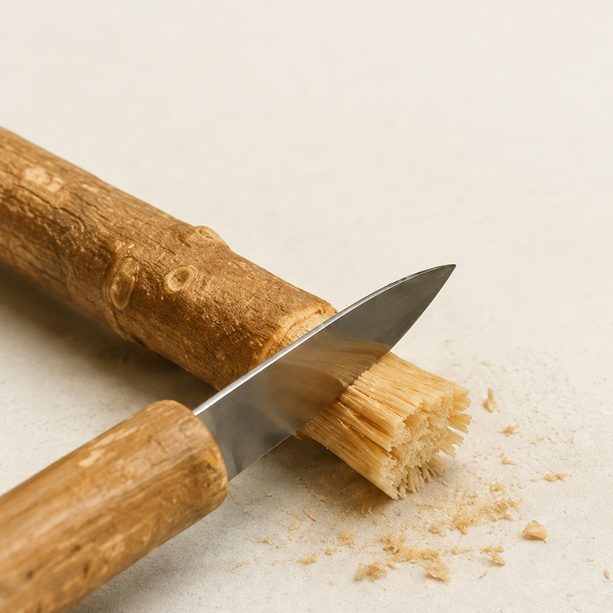 Trimming the worn tip of a Siwak stick